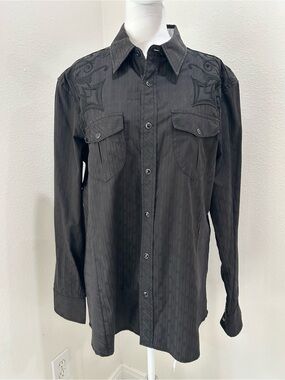 Rock & Roll Cowboy Black Embroidered Western Snap Button-Up Shirt